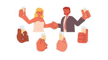 Wedding celebration with toasting sparkling wine cartoon animation. Newlywed couple with guests at wedding reception animated flat 2D characters 4K isolated on white, scene storytelling video
