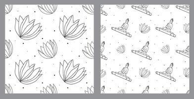 Set of seamless patterns in linear style Buddha statue, lotuses on white background. Stylish minimalistic ornaments for religious print, fabric and textile, for backdrops and wallpapers. vector