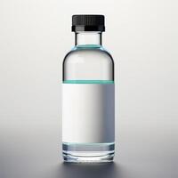 A glass bottle with a white label on it photo