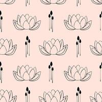 Seamless pattern in linear style lotus flowers on pink background. Stylish minimalistic ornament for religious print, fabric and textile, for backdrops and wallpapers, summer beautiful wrapping. vector