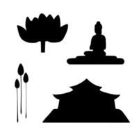 Black silhouette set of buddhist details, lotus, temple, buddha. Set of images, shadows of religious style for holidays, textures, clip art and handicrafts. vector