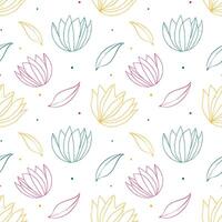 Seamless pattern in linear style color lotus flowers on white background. Stylish minimalistic ornament for religious print, fabric and textile, for backdrops and wallpapers, summer wrapping. vector
