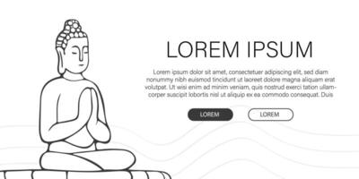 Asian Buddha in lotus position meditating in linear style on white background. Template, web banner for Buddha's birthday, Vesak holiday. Minimalistic poster relax spa advertising copyspace vector