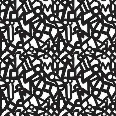 Black ink letters and symbols on white pattern