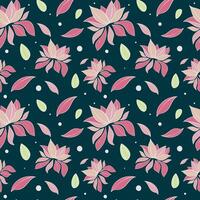Seamless pattern with pink lotuses on green background. Design template for Buddha's birthday, Vesak holiday. Stylish minimalistic print for fabric, wrapping and printing vector