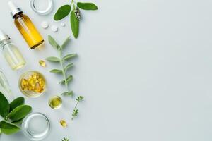 Various bottles of medicine and other items on a white background photo