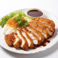 A plate of food with chicken, rice and vegetables photo