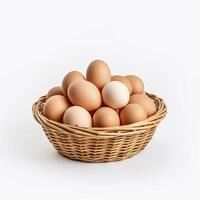 A basket full of brown eggs on a white background photo