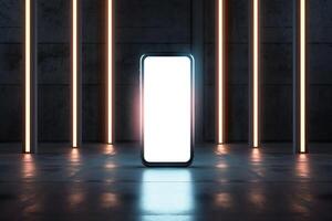 An empty room with neon lights and a phone screen photo