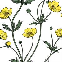 Minimalist monochrome buttercup seamless pattern with simple lines on white background Set 2 vector