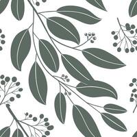 Farmhouse eucalyptus seamless tiles pattern with vintage eucalyptus and warm brown accents on white background ideal for cozy kitchens vector