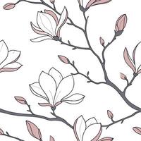 Botanical garden magnolia seamless tiles pattern with various magnolia species in natural pinks on white background perfect for serene spaces Set 3 vector