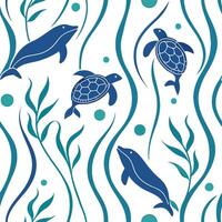 Design a seamlessestiles pattern featuring Oceanic fauna such as sea turtles dolphins and whales with flowing organic lines and aquatic colors concept as Create a fluid flowing tiles Dynamic Square vector
