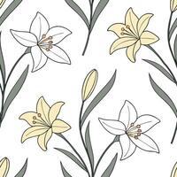 Elegant Easter lilies and daffodils seamless tiles pattern with soft pastel tones concept as Soft pastel tones feature elegant Easter lilies and daffodils in a seamless tiles pattern flat vector