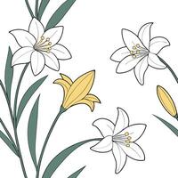 Elegant Easter lilies and daffodils seamless tiles pattern with soft pastel tones concept as Soft pastel tones feature elegant Easter lilies and daffodils in a seamless tiles pattern vector