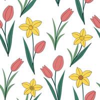 Elegant Easter orchids and tulips seamless tiles pattern with rich spring hues concept as Rich spring hues highlight elegant Easter orchids and tulips in seamless tiles pattern in P flat vector