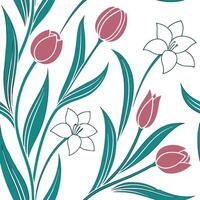 Elegant Easter orchids and tulips seamless tiles pattern with rich spring hues concept as Rich spring hues highlight elegant Easter orchids and tulips in seamless tiles pattern in P flat Set 2 vector
