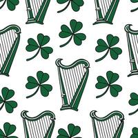Elegant Irish harps and shamrocks seamless tiles pattern with rich green accents concept as Rich green accents highlight elegant Irish harps intertwined with shamrocks in seamless t flat vector