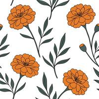 Elegant marigold seamless tiles pattern with large orange blooms and subtle green leaves on white background ideal for luxurious bathrooms concept as Large orange marigold blooms an flat vector