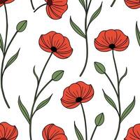 Elegant poppy seamless tiles pattern with vibrant red petals and green stems on white background ideal for luxurious bathrooms concept as Vibrant red poppy petals and green stems on flat vector