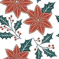 Elegant poinsettia and holly seamless tiles pattern with rich red and green hues concept as Rich red poinsettias and holly leaves create an elegant seamless tiles pattern with vibran flat vector
