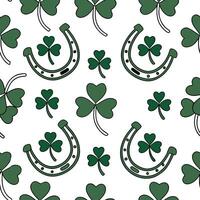 Elegant shamrocks and lucky horseshoes seamless tiles pattern with rich green tones concept as Rich green tones highlight elegant shamrocks intertwined with lucky horseshoes in seam flat vector