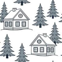 Elegant snow covered cottages and pine trees seamless tiles pattern with winter charm concept as Snow covered cottages and pine trees create elegant seamless tiles pattern with winte flat vector