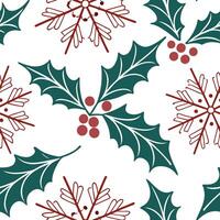 Elegant snowflake and holly leaf seamless tiles pattern with rich red and green tones concept as Rich red holly leaves and elegant snowflakes create seamless tiles pattern with festi flat vector
