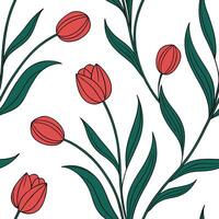 Elegant tulip seamless tiles pattern with graceful red blooms and green stems on white background ideal for luxurious bathrooms concept as Graceful red tulip blooms and green stems flat vector