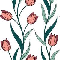 Elegant tulip seamless tiles pattern with graceful red blooms and green stems on white background ideal for luxurious bathrooms concept as Graceful red tulip blooms and green stems flat Set 2 vector