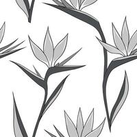 Ethereal silver Bird of Paradise seamless pattern with metallic shimmer on white background concept as Ethereal silver Bird of Paradise flowers with metallic shimmer creating delic flat vector