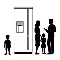 Family interacting with smart fridge plain white background with copy space concept as A family gathering around their smart fridge exploring the digital interface for meal plannin flat vector