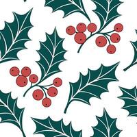 Festive holly and berry seamless tile pattern with rich red and green tones concept as Rich red holly leaves and berries create a festive seamless tile pattern with vibrant winter flat vector