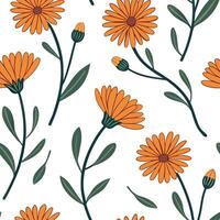 Flat Abstract calendula flowers seamless tile pattern vibrant isolated white background perfect for creative textiles branding packaging concept as Abstract calendula flowers seaml flat vector