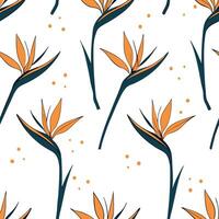 Flat Abstract watercolor Bird of Paradise seamless pattern with splashes and drips on white background concept as Abstract watercolor Bird of Paradise flowers with artistic splashe flat vector