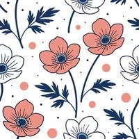 Flat Abstract watercolor Anemone seamless pattern with splashes and drips on white background concept as Abstract watercolor Anemone flowers with artistic splashes and drips formin flat vector