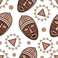 Flat African tribal patterns and masks seamless tile pattern with earthy color palette concept as Earthy color palette highlights African tribal patterns and masks in seamless tile flat vector