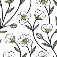 Flat Art deco buttercup seamless pattern with metallic accents and geometric elements on white concept as Art deco styled buttercups with metallic accents and geometric shapes form flat vector