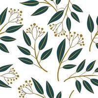 Flat Art Deco eucalyptus seamless tile pattern with symmetrical eucalyptus motifs and gold accents for glamorous interiors concept as Symmetrical eucalyptus motifs with gold accent flat vector