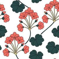 Flat Art deco geranium seamless pattern with metallic accents and geometric elements on white concept as Art deco styled geraniums with metallic accents and geometric shapes formin flat vector