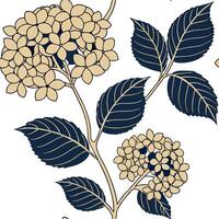 Flat Art Deco hydrangea seamless tile pattern with symmetrical hydrangea motifs and gold accents for glamorous interiors concept as Symmetrical hydrangea motifs with gold accents c flat vector