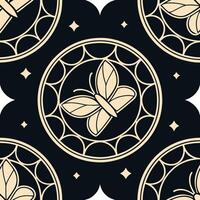 Flat Art Deco seamless pattern with retro circles and gold accents on black background concept as Create a seamless pattern featuring retro circles with gold accents on a black bac flat vector