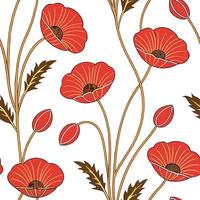 Flat Art Deco poppy seamless tile pattern with symmetrical poppy motifs and gold accents for glamorous interiors concept as Symmetrical poppy motifs with gold accents create Art De flat vector