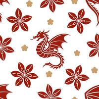 Flat Asian inspired floral and dragon seamless tile pattern with bold red and gold accents concept as Bold red and gold accents showcase Asian inspired floral and dragon patterns i flat vector
