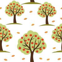 Flat Autumn apple orchard seamless tile pattern with ripe apples trees and fall foliage concept as Ripe apples trees and fall foliage create an autumn apple orchard seamless tile p flat vector