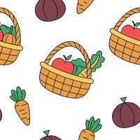 Flat Autumn harvest basket seamless tile pattern with fruits vegetables and fall accents concept as Fruits vegetables and fall accents in a harvest basket create a seamless autumn flat Set 2 vector