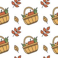 Flat Autumn harvest basket seamless tile pattern with fruits vegetables and fall accents concept as Fruits vegetables and fall accents in a harvest basket create a seamless autumn flat vector