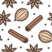 Flat Autumn spices seamless tile pattern with cinnamon sticks nutmeg and cloves in warm tones concept as Cinnamon sticks nutmeg and cloves in warm tones create an autumn spices sea flat vector