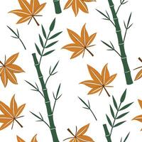 Flat Bamboo and autumn leaves seamless pattern colorful isolated white background perfect for fall textiles branding packaging concept as Colorful bamboo and autumn leaves seamless flat vector