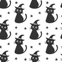 Flat Black cats and witches seamless tile pattern with mystical elements and dark colors for magical Halloween decor concept as Mystical black cats and witches arranged seamlessly flat vector